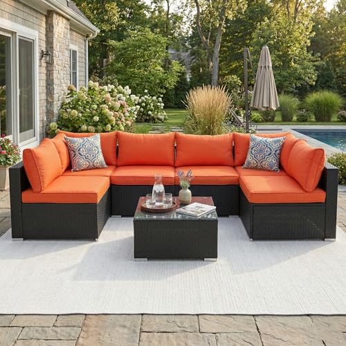 Image of 7 Piece Outdoor Sectional Outdoor Patio Furniture Set, Outdoor Patio Furniture Set with Coffee Table, Sectional Couch Sofa with Cushions, Wicker Outdoor Conversation Set for Backyard & Garden, Orange