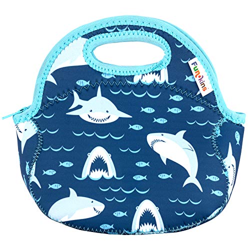 Funkins Insulated Lunch Bag For Kids | Durable, Machine Washable | Premium Quality | Interior Pocket & Name Tag | Easy To Pack, Folds Flat For Storage | Preschool Or Snack Size Lunch Bag (Sharks) #TOP5