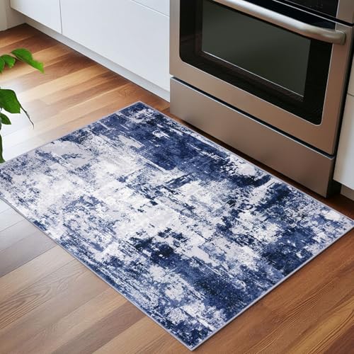 KOZYFLY Small Area Rug 2x3 Rug Entryway Rugs Indoor Non-Slip Modern Abstract Machine Washable Rug Navy Blue, Kitchen Mats for Floor Front Door Rug with Low Pile Small Carpet Floor Mats for Home