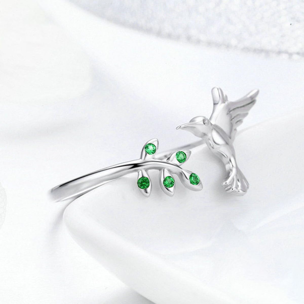 Baluue Anello Regolabile da Donna Design Colibrì e Foglie, Gioielli a Forma di Volatile, Anello Aperto Leggero e Comodo per Uso Quotidiano