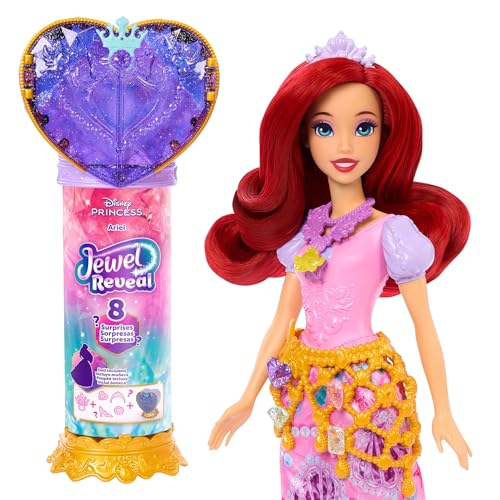 Mattel Disney Princesas boneca Ariel de moda e acessórios com 8surpresas, incluindo a caixa de jóias em forma de coração, o anel para crianças e 9 peças de jogo, inspirado no filme, JHL49
