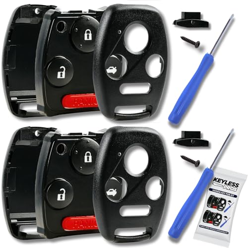 KeylessPros 4-Btn Shell Kit & Gut Case, Keyless Entry Remote Key Fob Replacement, fits 2003-2012 Honda Accord, 2006-2013 Civic EX, 2009-2015 Pilot, NO Cutting Required (2-Pack)