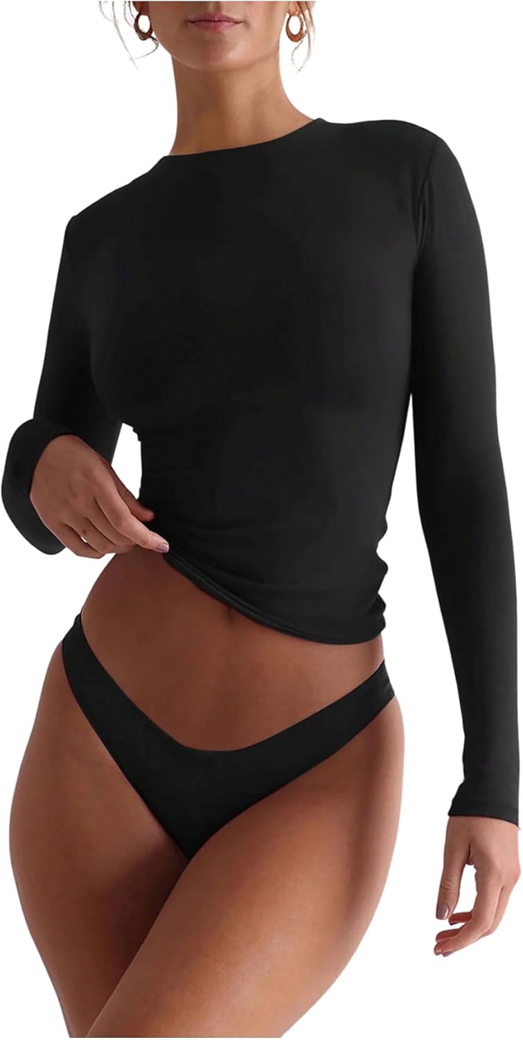 WDIRARA Women's Crew Neck Long Sleeve T-Shirts Slim Fitted Tops Basic Tee