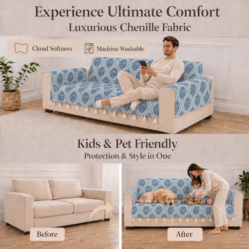 Image of STITCHNEST 'Eden Weaves Collection Series' 1 Seater Sofa Cover | Full Coverage with Armrest Pockets | Elegant Woven Fabric, Decorative Tassels, Washable & Durable for Modern Living