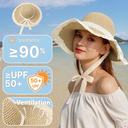 Image of Beach Hats for Women - Beach Hat Womens UPF 50+ | Packable Sun Hat Women Roll Up, Wide Brim Straw Hat for Women