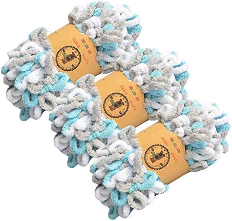 Chunky Blanket Yarn Chenille Finger Loop Yarn for Hand Knitting Blankets, Set of 3, White&Grey&Blue