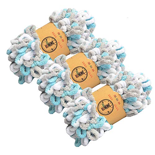 Chunky Blanket Yarn Chenille Finger Loop Yarn For Hand Knitting Blankets, Set Of 3, White&Grey&Blue #TOP7