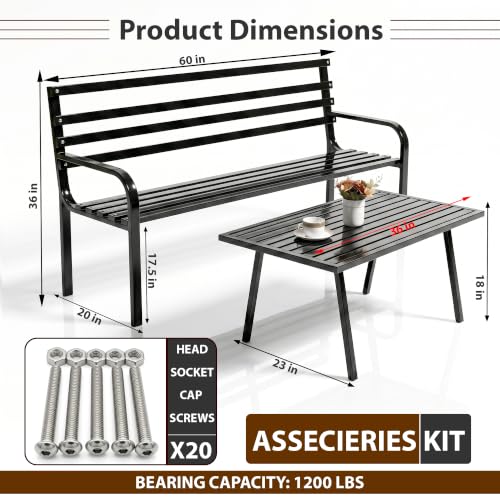 Image of BRISHI 3 Seater Metal Garden Bench with Center Table for Indoor & Outdoor Park /Patio /Living Room /Terrace /Balcony (Black)