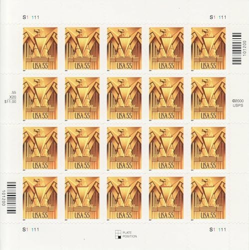 Art Deco Gold Eagle (folha de 20) 55 centavos selos postais dos EUA 2001 Scott 3471