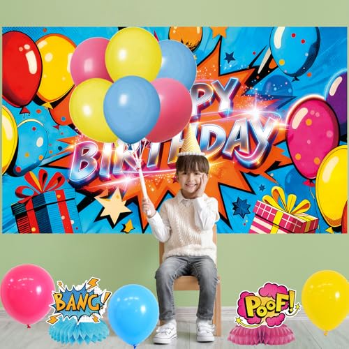 Image of Crenics Comic Theme Birthday Decorations - Colorful Happy Birthday Backdrop, Banner, Hanging Swirls, Honeycomb Centerpieces and Balloons for Hero Themed Party Supplies