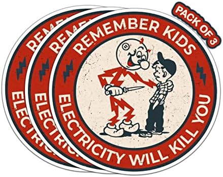 Imperial Vibes | Remember Kids Electricity Will Kill You Sticker Reddy Kilowatt Warning Caution Funny Stickers 3 Pack Decal for Electrician Hard Hat Laptop Water Bottle Car Helmet Packs, White, 3inch -Imp 10