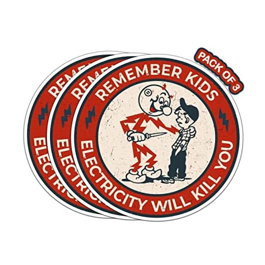 Imperial Vibes | Remember Kids Electricity Will Kill You Sticker Reddy Kilowatt Warning Caution Funny Stickers 3 Pack Decal for Electrician Hard Hat Laptop Water Bottle Car Helmet Packs, White, 3inch -Imp 10