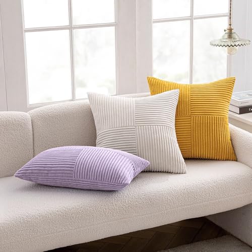 Image of MIULEE Purple Decorative Throw Pillow Covers 18x18 Inch for Couch Bed Sofa Pack of 2 Lavender Boho Farmhouse Throw Pillows Soft Cross Corduroy Patchwork Textured Cushion Cases