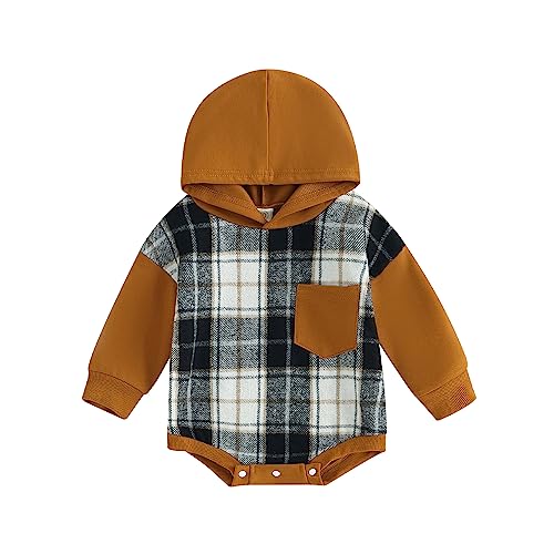 Image of Twopumpkin Baby Boy Plaid Hoodie Sweatshirt Romper Long Sleeve Hooded Onesie Pullover Fall Winter Outfit Clothes