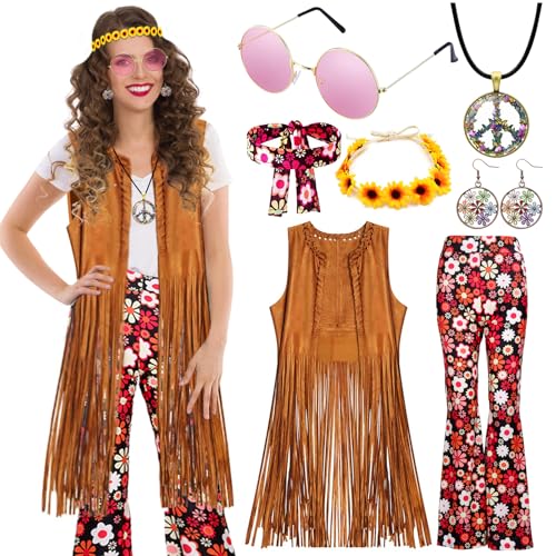 ATOWORLD Hippie Kostüm Damen Set mit Fransen Weste Hose und Hippie Kleidung Damen Zubehör Boho 60er 70er Hippie Bekleidung Frauen Disco Outfit Karneval Flower Power Cowgirl Kostüm Frauen Fasching M