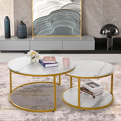 Image of NSdirect Nesting Coffee Table Set of 2,Round Coffee Tables Modern Circle Table for Living Room Accent End Side Table with Storage Open Shelf Faux Marble Wood Top & Gold Sturdy Metal Frame,White