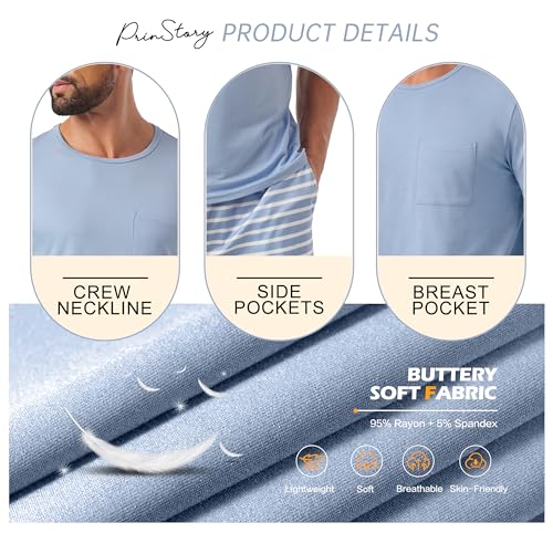 PrinStory Mens Pajamas Set Short Sleeve Pjs 2 Piece Pajama Soft Sleepwear Loungewear with Pockets Light Blue Stripe-L