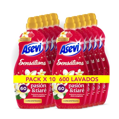 Asevi Suavizante para Ropa Sensations Pasión & Tiaré - Suavizante Concentrado para Lavadora con Fragancia Energizante - Esencias Naturales - Suavidad Duradera para Todo Tipo de Tejidos - 10x60 Lavados