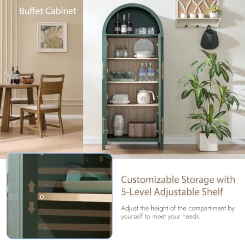 Image of 71 inch Tall Arched Display Cabinet, 5-Tier Bookshelf Modern Farmhouse Arched Bookcase with Glass Doors and Shelves, Wooden Pantry Storage Cabinet for Living Room, Office and Kitchen, Green
