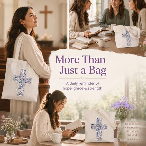 Image of Christian Tote Bag Gift for Women, Canvas Bible Bag Handmade Floral Cross | Christian faith-inspired gift, handcrafted cross with lace, inner pocket, snap closure, bottom gusset, church Bible study use