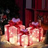 Pink Decorations Lighted Gift Boxes with Pink Cloth, Pre-lit Lights Gift Boxes Set of 3, Light up Present Boxes Set Battery Operated with Different Sizes for Holiday Indoor Decorations