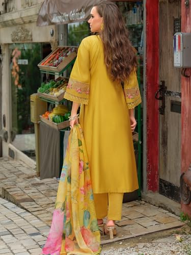 Image of INDO ERA Women's A-Line Silk Blend Floral Embroidered Kurta & Pant with Dupatta Set (IEOUT10970)
