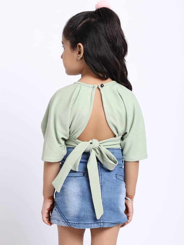 Image of ELEVANTO Crop top for Kids|V Neck Open Back Trendy Backless Crop top for Girls Crop top|Short Sleeve Summer Crop top for Girls-E24