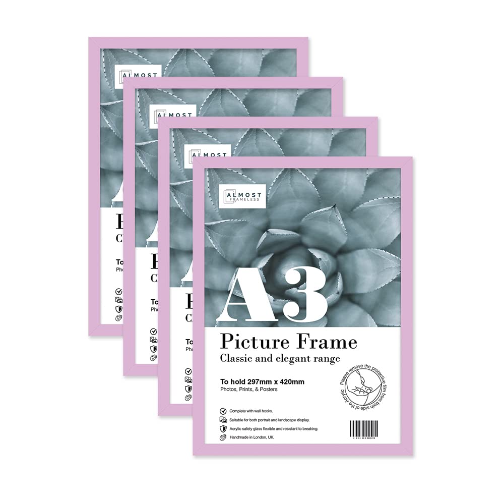 Almost Frameless A3 Lilac Picture Frame Set of 4, Display A3 Picture Gallery Wall, Poster, Photo, Artwork, or Print, Lilac