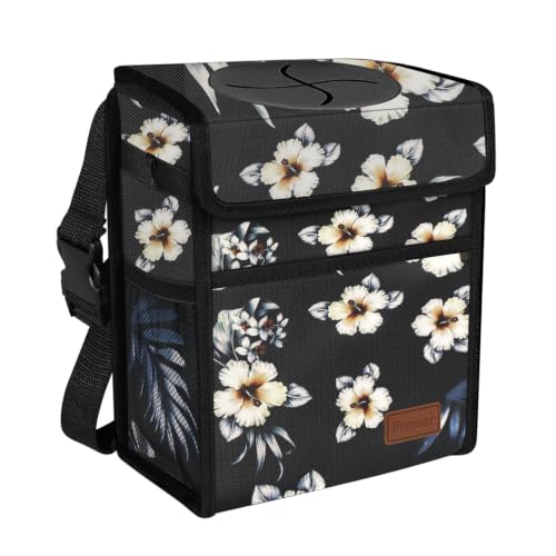 Image of Femuar Leak Proof Car Trash Can with Lid, Collapsible Hanging Waterproof Car Trash Bag with Mesh Pocket for SUV Front Seat Headrest, Hibiscus Flower
