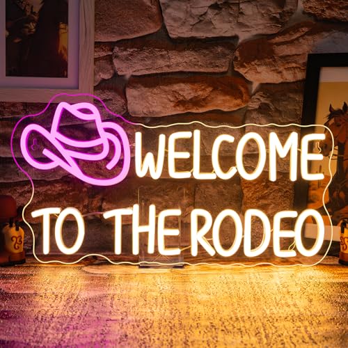 Image of WLHOPE Welcome To The Rodeo Neon Sign Cowboy Hat Led Lights Dimmable Light Signs for Wall Decor 16.5 x 8.6 inches USB Powered Licked Light Signs for Bar Home Club Party Western Bedroom Decoration
