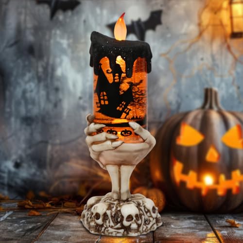 Image of Eldnacele Halloween Snow Globe Candles Lighted Lamp USB Powered Battery Operated Spooky Spinning Water Glittering Tornado Flameless Candles Skeleton Hand Holder Halloween Centerpiece Decor(Castle)