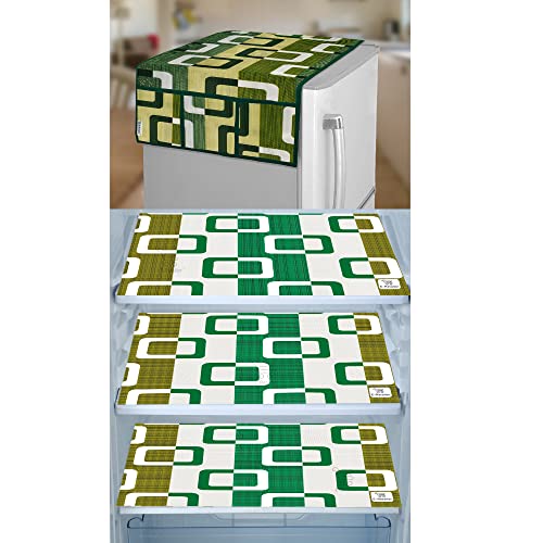 Image of Polyester 3-Layered Fridge Top Cover /Refrigerator Cover with Utility Pockets and Set of 3 Pc Fridge Mats (Color-Green, Size-39x21 Inches)