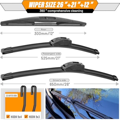 AUTOBOO 26"+21" Windshield Wipers with 12" Rear Wiper Blade Sets Replacement for Acura MDX 2007-2013 -Original Factory Quality (Pack of 3)