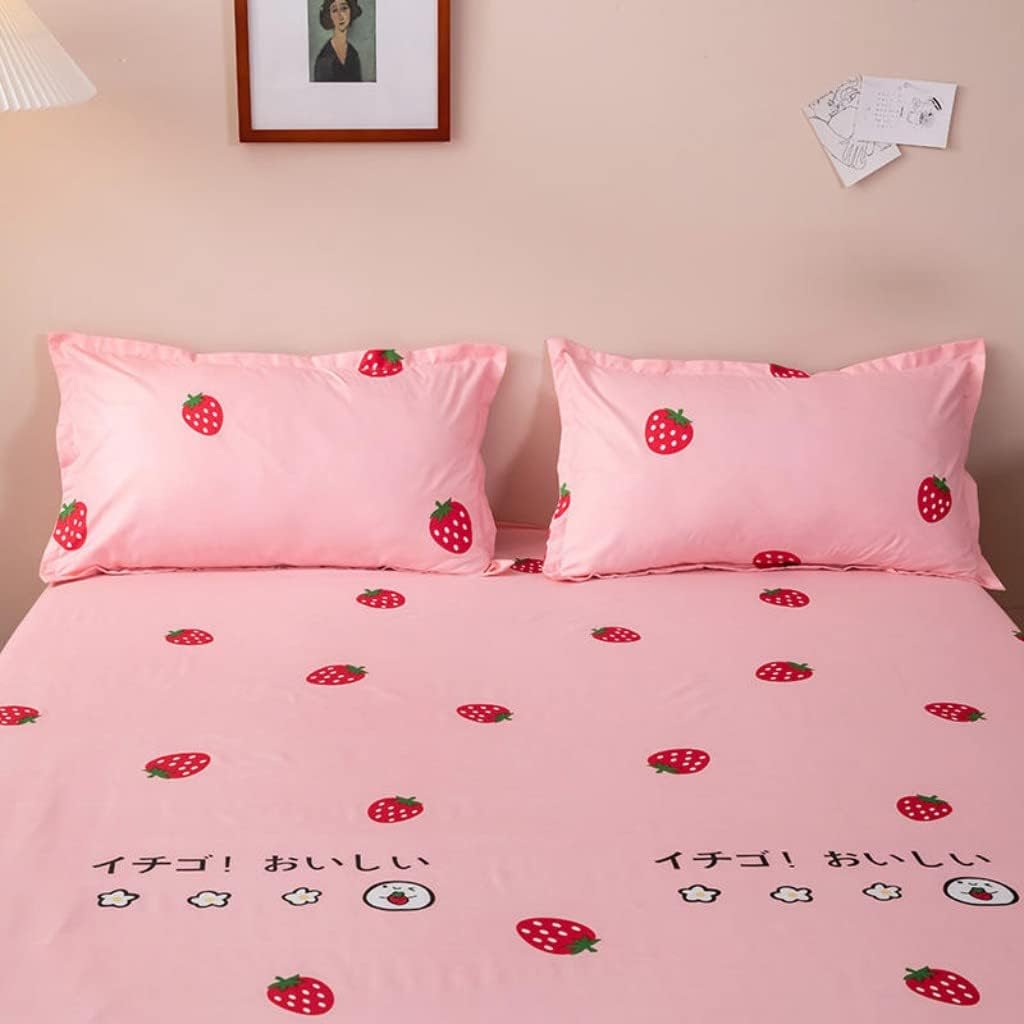 Kids Fitted Sheet King Size Girls Cute Strawberry Bedding Set for Children Bedroom Decor Girly Cartoon Fruit Print Bed Sheet Set Lovely Pink Bed Cover with 2 Pillow Cases,Flat Sheet not Included - Image 3