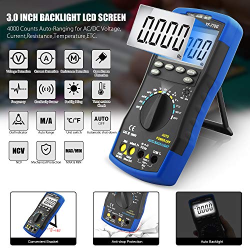 Digital Multimeter,Infurider Yf-770G Auto Ranging Volt Amp Ohm Voltage Electrical Tester Meter With Continuity,Diode,Temp,Capacitance And Ncv #TOP2