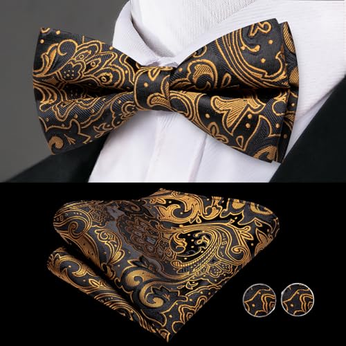 Image of Dubulle Mens Cummerbund and Bow Tie Set Paisley Floral Pretied Bowties for Men Pocket Square Cufflinks Wedding Business