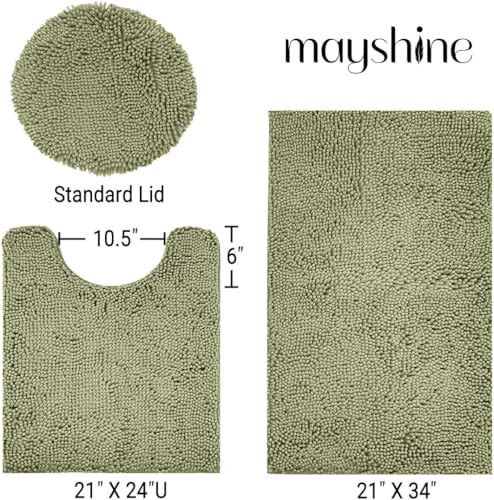Image of Standard 3pc Set Chenille Bath Mats, Includes 21 inchx24 inch U-Shaped Contour Toilet Rug, 21 inchx34 inch Inches Bathmat and 1 Toilet Lid Cover, Plush Absorbent Bath Mats Quick Dry, Sage Green
