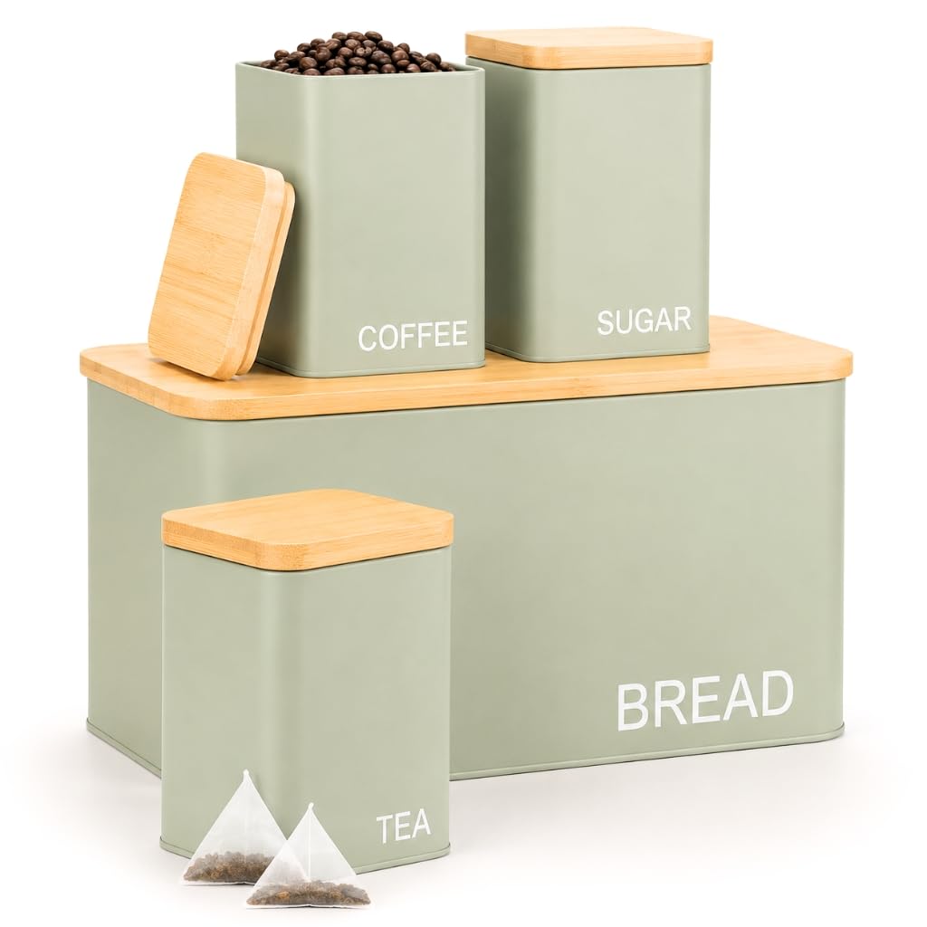 EHC Set of 4 Tea, Sugar, Coffee & Bread Bin Canisters Set, Kitchen Storage Jars with Airtight Lids, Containers Jars Set, Sage