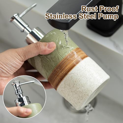 Image of Ceramic Dish Soap Dispenser for Bathroom Shower Hand Soap Dispenser | Refillable Shampoo and Conditioner Bottle, Stainless Steel Pump, Silicone Funnel | Non-Slip Lotion Dispenser, Green and White