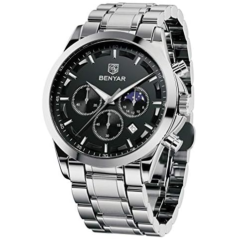 Watch for Men Benyar Men's Watch Chronograph Analogue Quartz Waterproof Business Black Fashion Quartz Wristwatches Calendar with Leather Strap (Brown/Blue) Gift for Men Cover