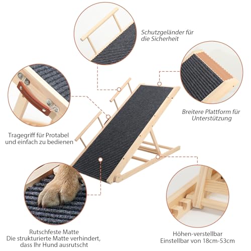 HundeRampe für Bett und Sofa mit Sicherheitsgeländer, höhenverstellbare Hundetreppe für Betten von 40cm bis 70cm mit Rutschfester Matte, Haustier-Rampe aus Holz für Hunde bis 80kg
