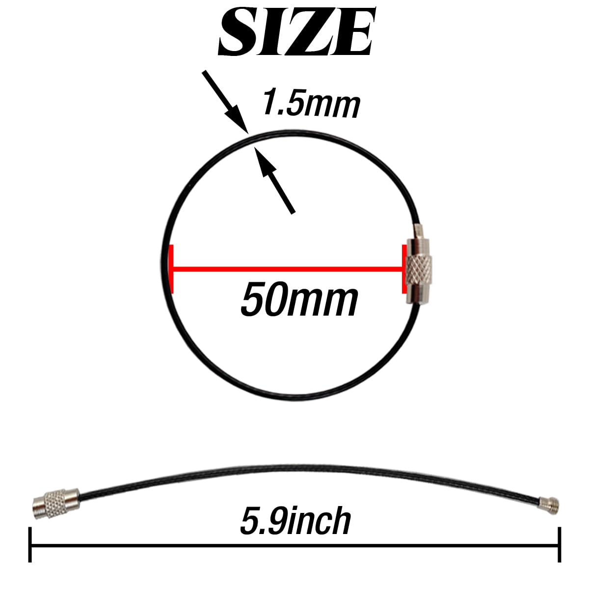 ROYHOO 50PCS Black Stainless Steel Wire Keychains Cable, Key Rings, Heavy Duty Luggage Tags Loops Tag Keepers 1.5mm Twist Barrel (Cable Length: 5.9 inches)