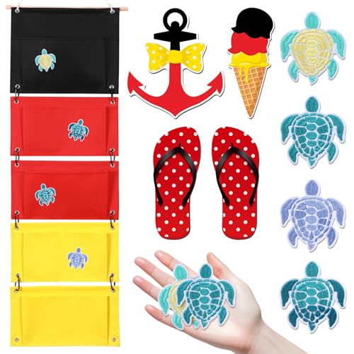 Yeyeplum Fish Extender Gift Hanging Organizer with 5 Pockets and 4 Pcs Iron on Sea Turtle Patches 4 Cruise Door Magnets Cruise Cabin Storage Bag 2025 Fe for Exchange Gift Pixie Dusting