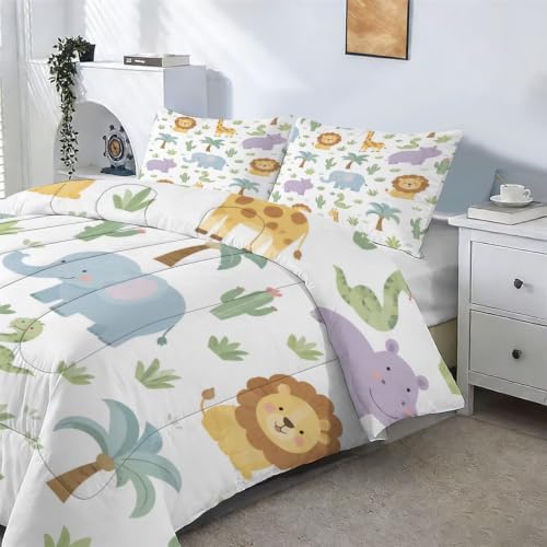 Image of Wild Animal Comforter Set Full Cartoon Animal Quilt Set for Boys | Cartoon Lion Elephant Giraffe Bedding Set, 3 Pcs Kids Girls Boys Jungle Comforter Set, Lightweight, Machine Washable