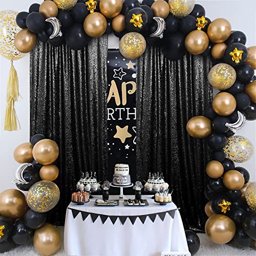 Image of Black Sequin Backdrop Curtains 6 Pieces 2FTx8FT Shimmer Birthday Wedding Photograph Baby Shower Decoration Backdrop Fabric for Christmas Party Decoration
