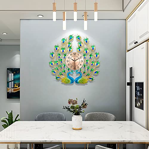 Fmtad Large Peacock Wall Clock Silent Non-Ticking,3D Creative Luxury Decorative Wall Clocks Peacock Clocks Mid Century Big Wall Clocks For Living Room Bedroom Dining Room Decor,Dia 28 Inch #TOP2