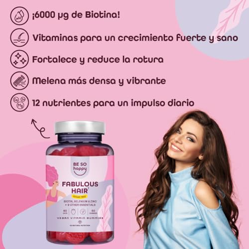 Gominolas para el pelo Biotina 6000 mcg, Vitaminas para el Cabello, 60 dias, Complejo con +10 componentes: Ac Folico + Vitamina A, B6, B12, C, D, E, Zinco y Selenio, Sabor a Fresa, Veganas, BeSoHappy® - imagen 2