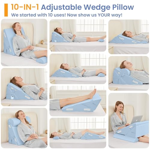 Image of Sasttie Wedge Pillow Set for After Surgery, 2PCS Adjustable Bed Wedge Pillow Headboard with Memory Foam Neck Cushion - for Acid Reflux, Sleeping, Neck & Back Support, Blue