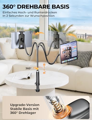 Schwanenhals Tablet & Kindle halterung Bett: 360° Sockel mit Flexibler Lang Arm Ständer eReader Handyhalterung für Tisch, Tablet Halterung Zubehör für iPad Pro/Handy/Switch/Galaxy Tabs, 4,7-12,9 Zoll