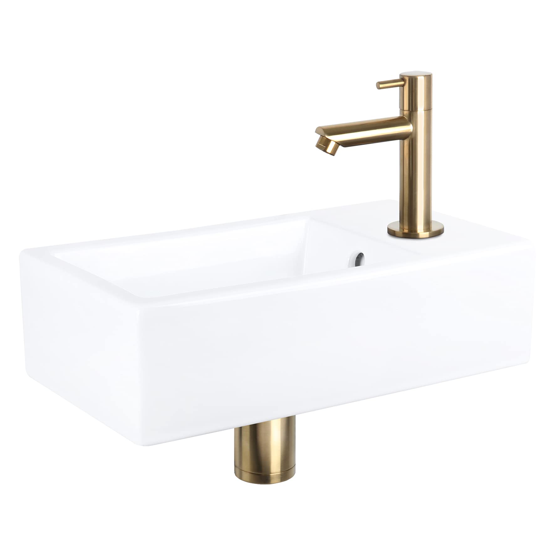 Differnz Force Lavabo - Lave main Céramique Blanche Brillante - Robinet Droit Or Mat - Ensemble Complet - 40 x 22 x 11,5 cm